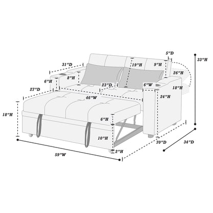 Modern Style Convertible Sofa With Pull-Out Bed, USB Ports &amp; Cup Holders
