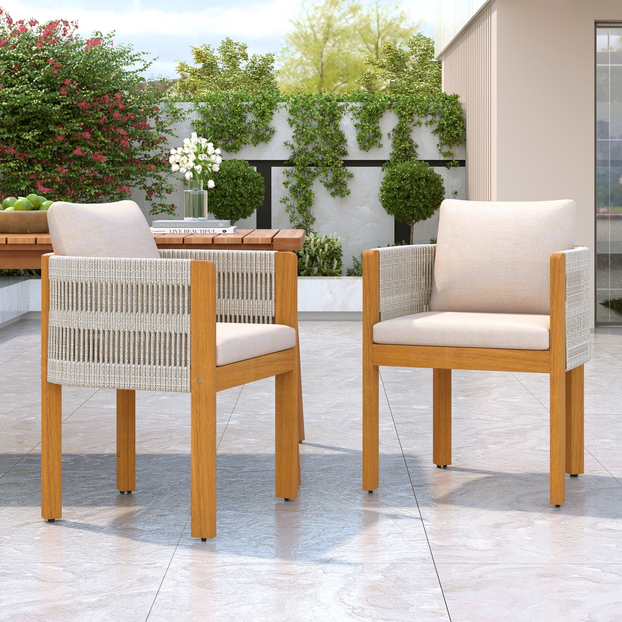 Outdoor Dining Chairs &amp; Rope Handles (Set of 2) - Beige / Teak