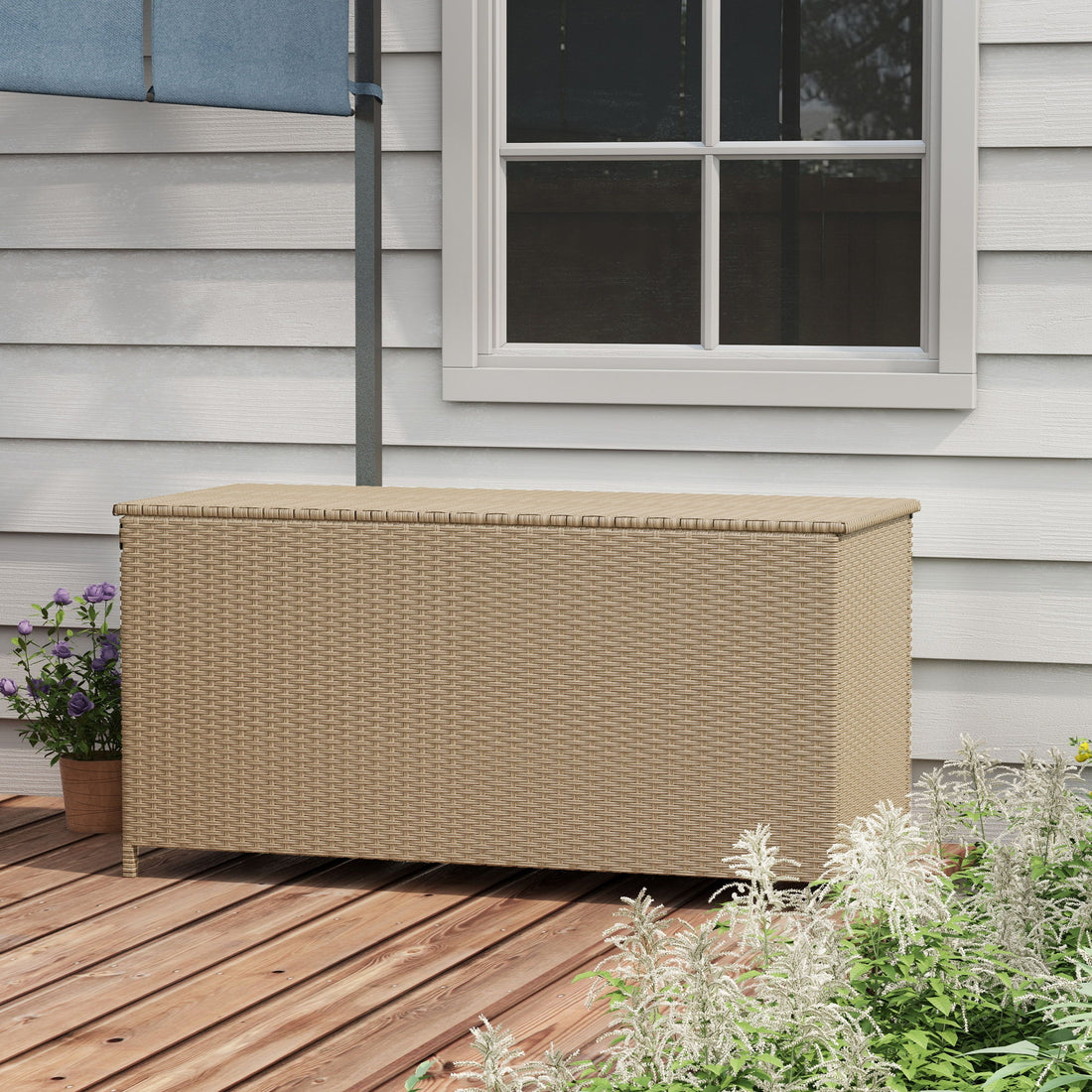 Outsunny - 83 Gallon Deck Box, Large Outdoor Storage Chest, Pe Wicker Trunk For Outside On Wheels For Garden Tools, Pool Toys &amp; Patio Furniture Cushions - Brown