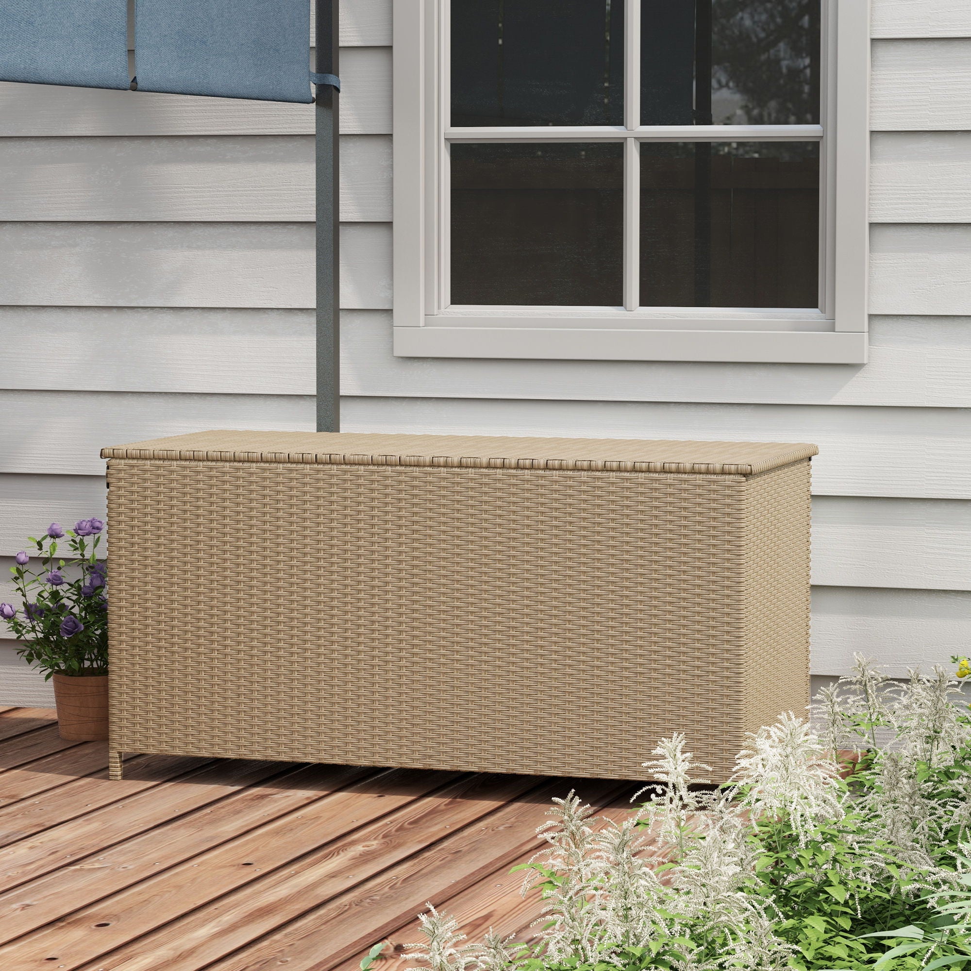 Outsunny - 83 Gallon Deck Box, Large Outdoor Storage Chest, Pe Wicker Trunk For Outside On Wheels For Garden Tools, Pool Toys &amp; Patio Furniture Cushions - Brown