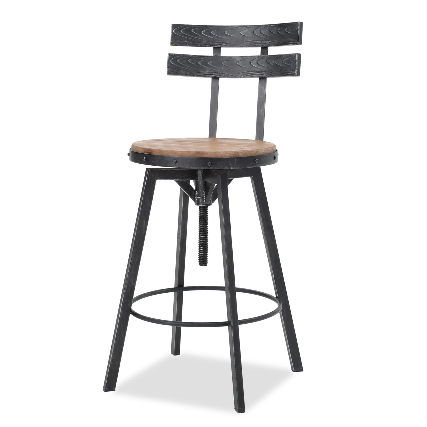 Rustic Metal Barstool With Wooden Seat - Black Brush Silver