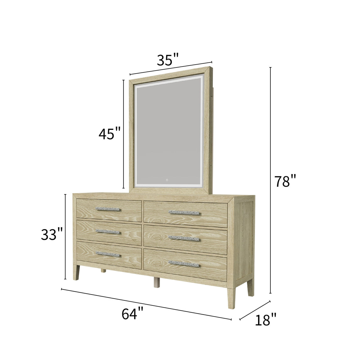 Adeline - 6 Drawers Dresser &amp; Mirror With Jewelry Box &amp; LED Light - Natural Wood Wash