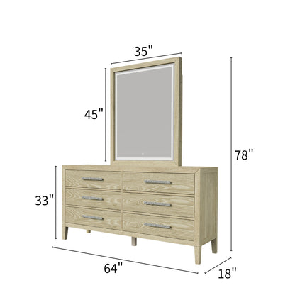 Adeline - 6 Drawers Dresser &amp; Mirror With Jewelry Box &amp; LED Light - Natural Wood Wash