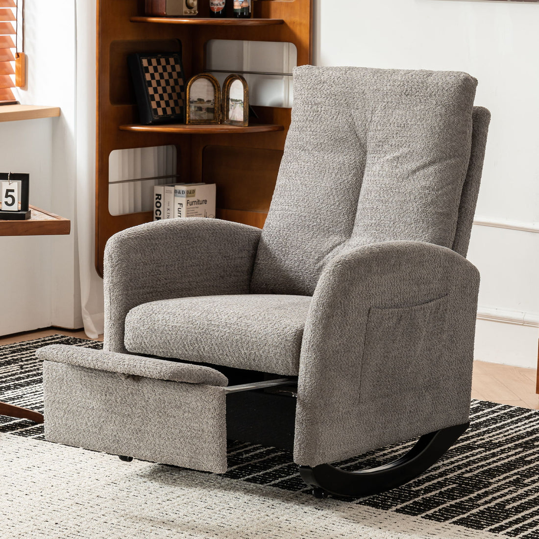 Accent Rocking Chair &amp; Footrest High Back Rubber Wood Rocking Legs Bedroom Living Space - Gray