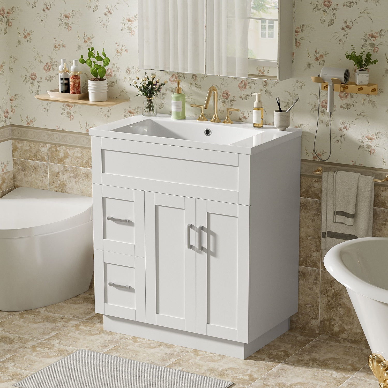 Bathroom Vanity With 2 Doors, 2 Drawers, Adjustable Shelf, Hidden Slides &amp; Soft Close Hinges