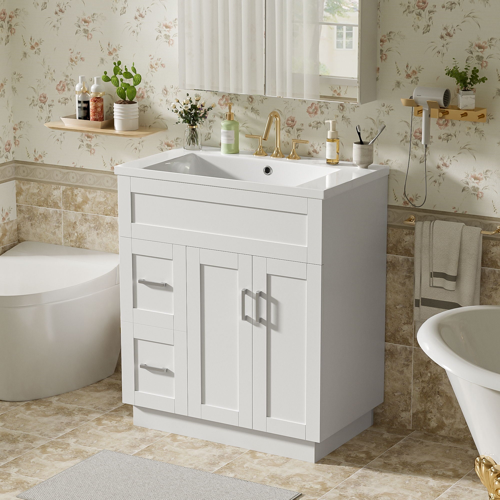 Bathroom Vanity With 2 Doors, 2 Drawers, Adjustable Shelf, Hidden Slides &amp; Soft Close Hinges