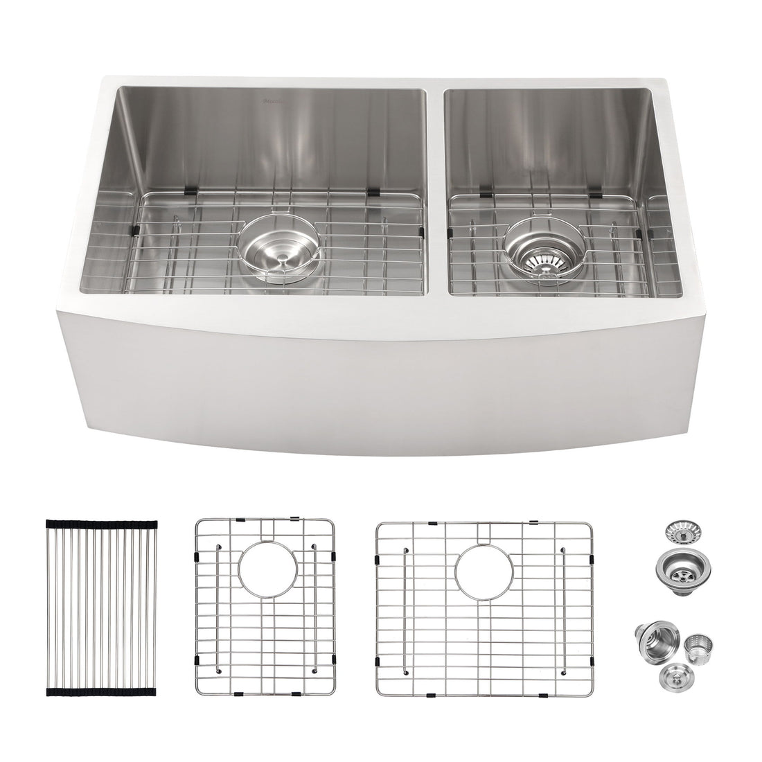 Double Bowl Sink 60 / 40 Split Apron Front Kitchen Sink In 16 Gauge With 2 10&quot; Deep Basins 33&quot; X21&quot; X10&quot; - Brushed Nickel