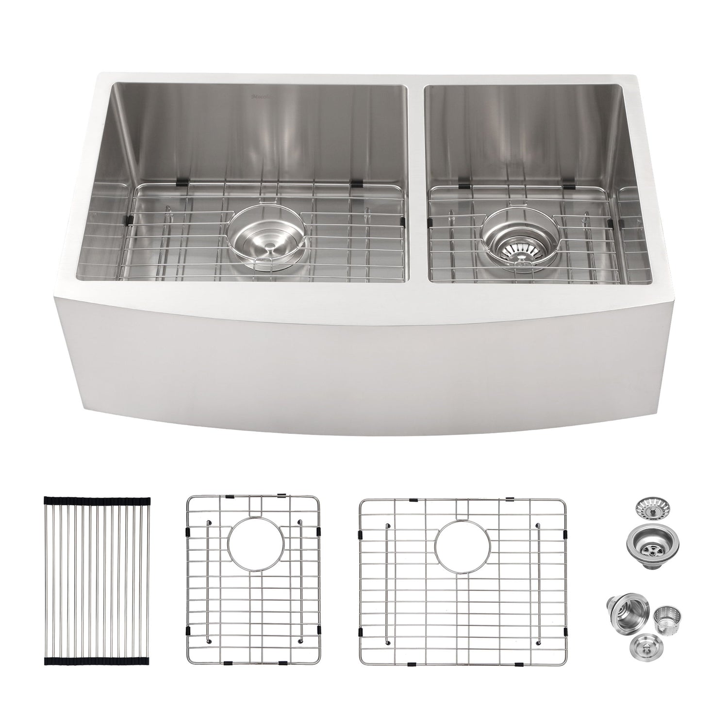 Double Bowl Sink 60 / 40 Split Apron Front Kitchen Sink In 16 Gauge With 2 10&quot; Deep Basins 33&quot; X21&quot; X10&quot; - Brushed Nickel