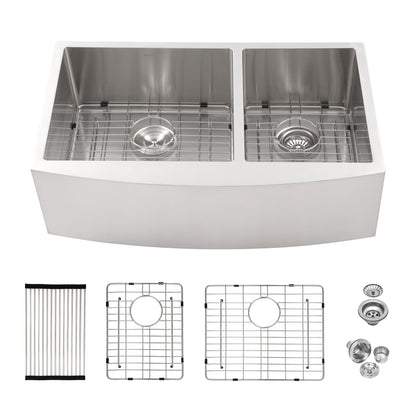 Double Bowl Sink 60 / 40 Split Apron Front Kitchen Sink In 16 Gauge With 2 10&quot; Deep Basins 33&quot; X21&quot; X10&quot; - Brushed Nickel