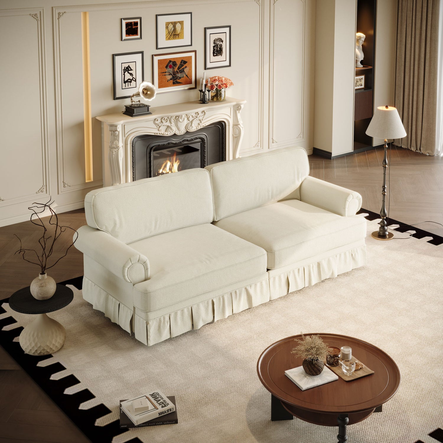 Luxuriously Comfortable Cloud Couch Sofa With Elegant Rolled Arms &amp; Pleated Skirt Design