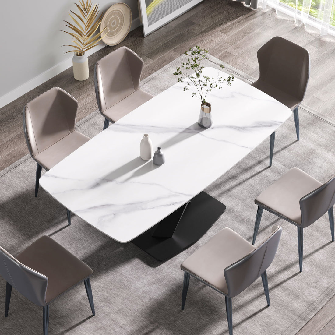 70.87&quot; Modern Artificial Stone White Curved Black Metal Leg Dining Table, Can Accommodate 6-8 People - White / Black