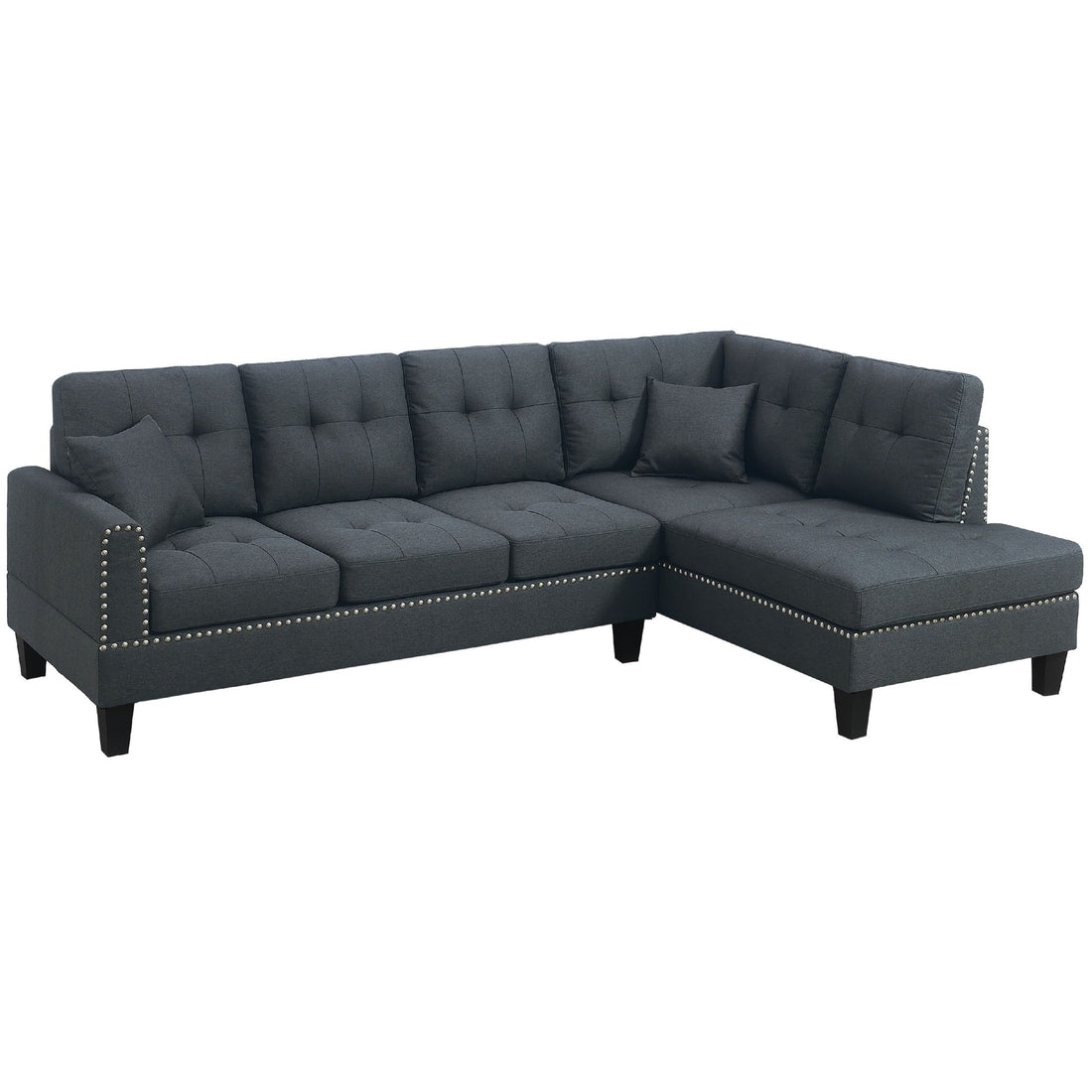 2 Piece Sectional Set With Nailhead Trim, Sofa And Matching Accent Pillows - Charcoal