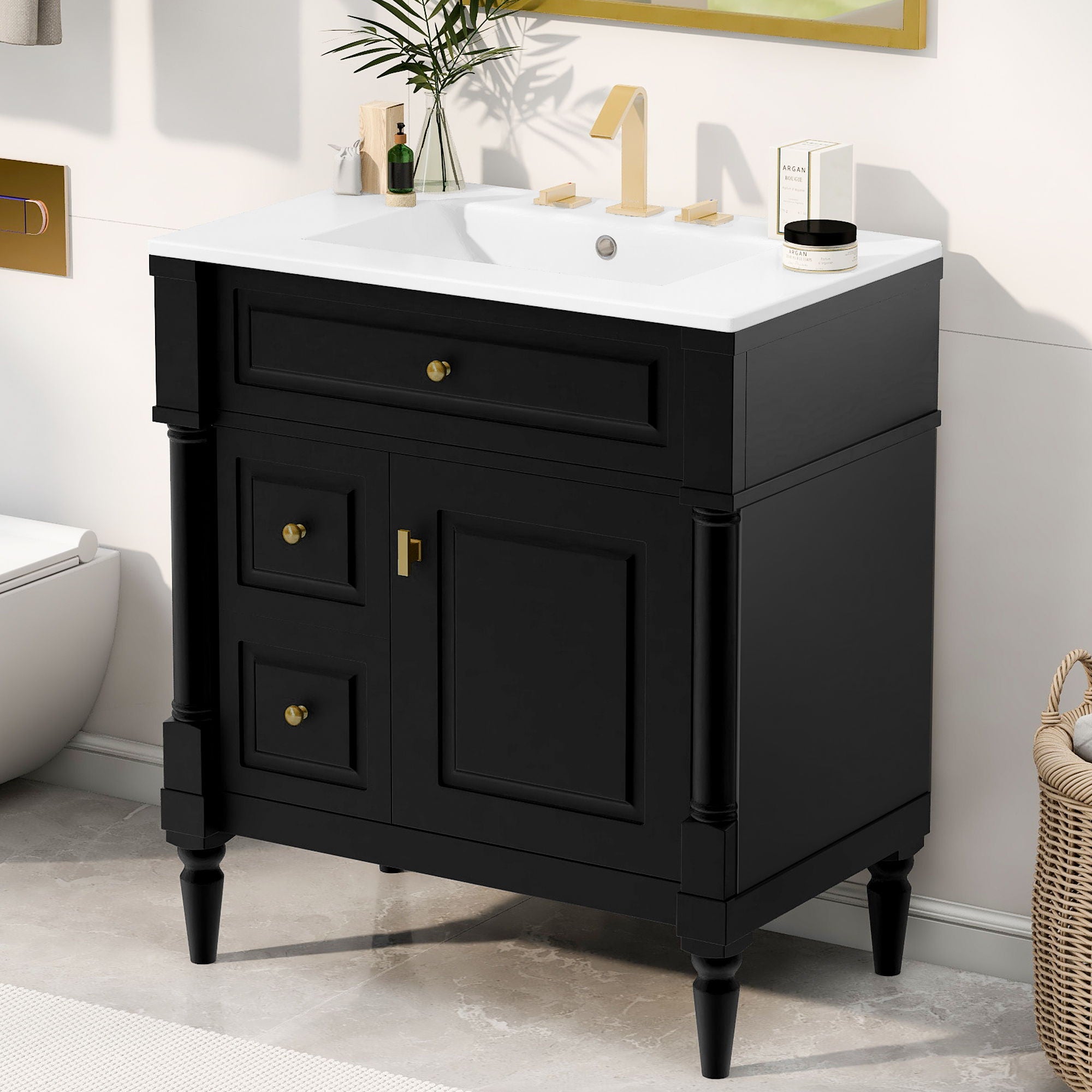 Modern Bathroom Vanity With Sink, Freestanding Cabinet With Flip Drawer &amp; Adjustable Shelf
