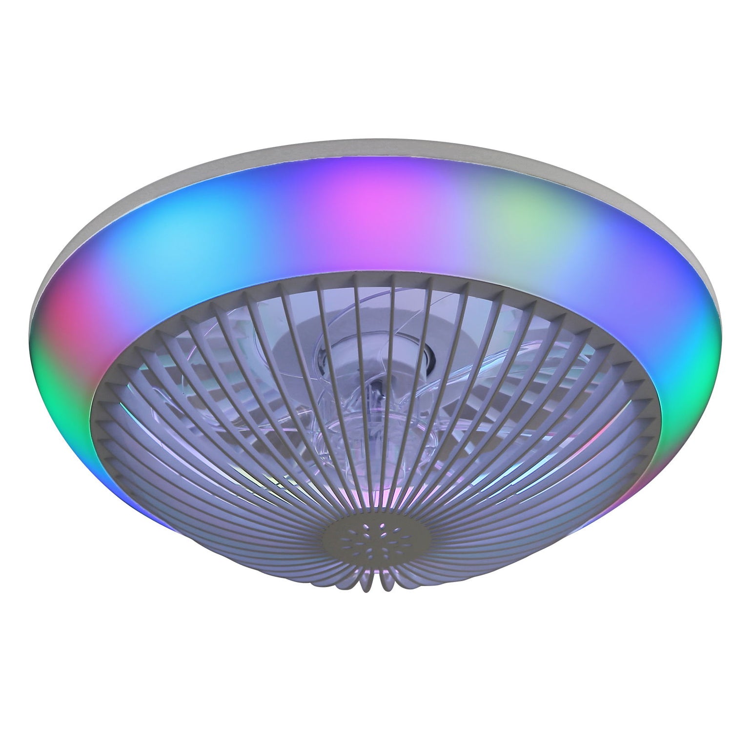 RGB Dimmable LED Enclosed Ceiling Fan With Remote Control, Bladeless Design - White
