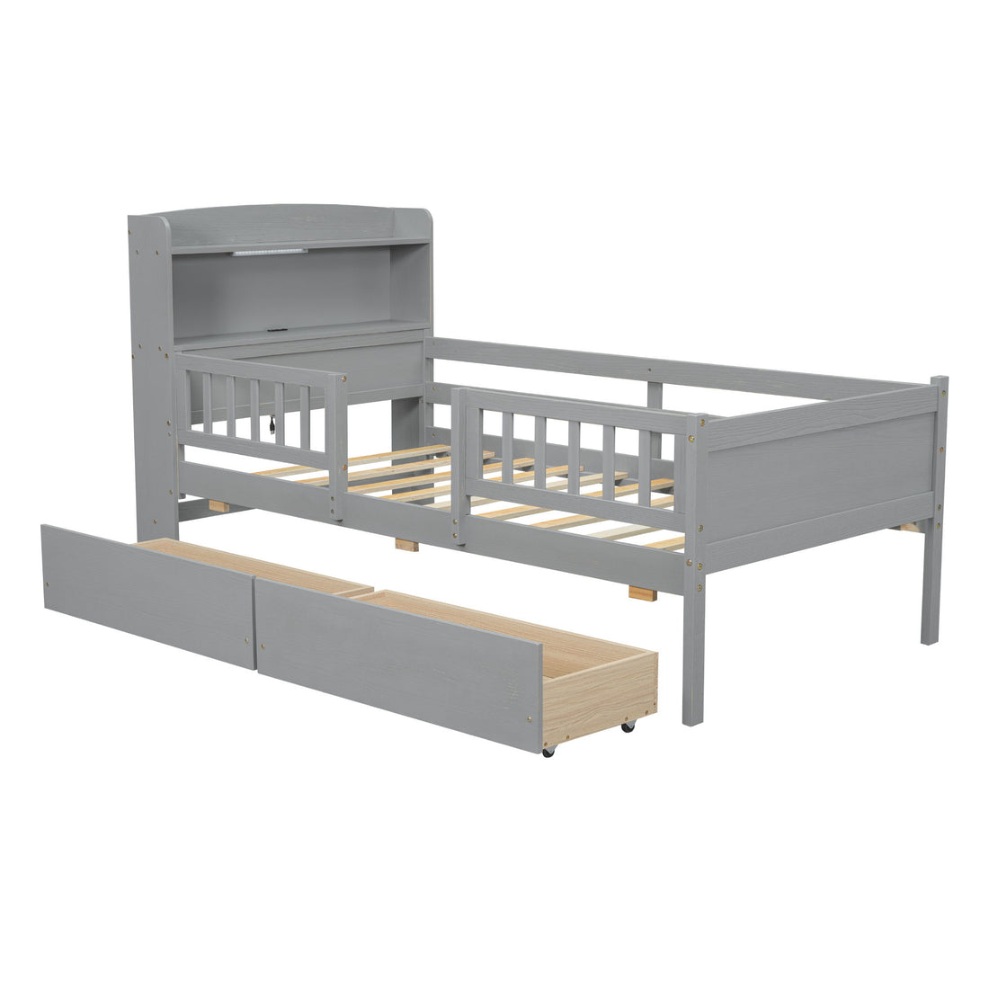 Platform Bed With LED Light, Multi Functional Headboard, Guardrail And 2 Drawers