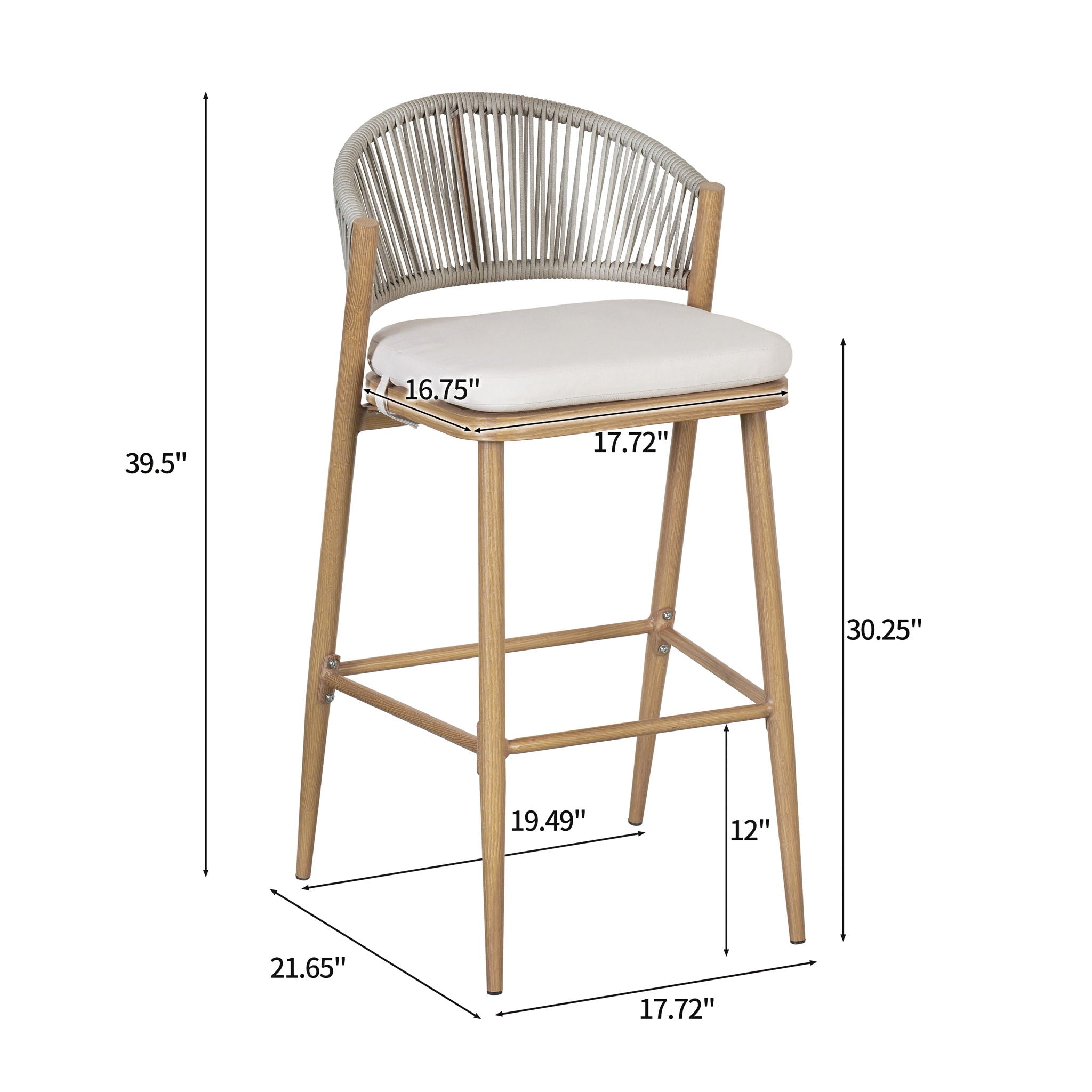 Outdoor Bar Height Metal Frame Counter Stools With Scallop Shaped Backrest &amp; Water Resistant Cushions