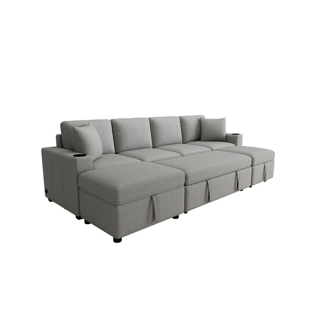 Sectional Sofa Convertible Pull-Out Bed With Storage Ottoman &amp; USB Ports