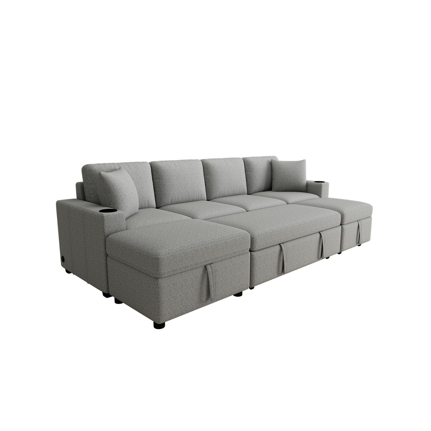 Sectional Sofa Convertible Pull-Out Bed With Storage Ottoman &amp; USB Ports