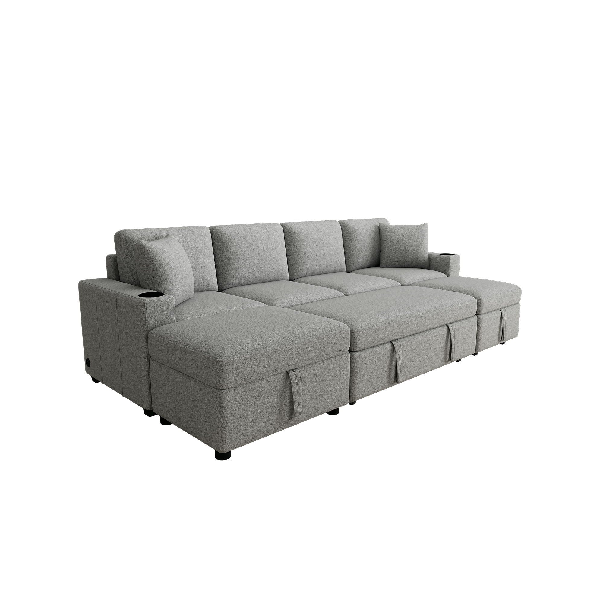 Sectional Sofa Convertible Pull-Out Bed With Storage Ottoman &amp; USB Ports