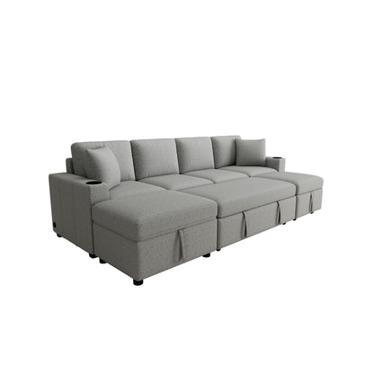 Sectional Sofa Convertible Pull-Out Bed With Storage Ottoman &amp; USB Ports