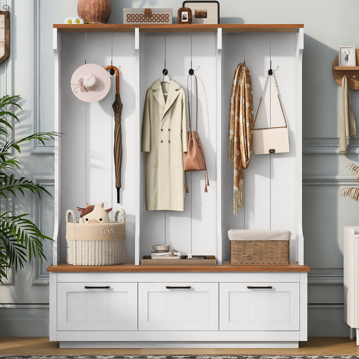 Hall Tree With Bench And Shoe Storage, 3 Large Drawers, Open Storage Shelves &amp; Hooks
