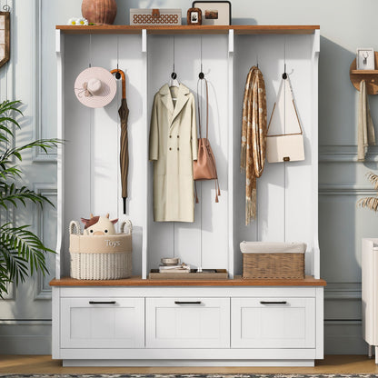 Hall Tree With Bench And Shoe Storage, 3 Large Drawers, Open Storage Shelves &amp; Hooks
