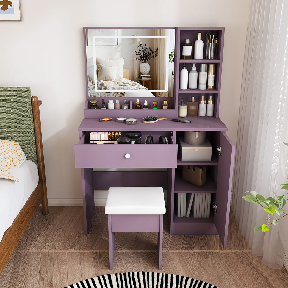 Vanity Desk Set With Padded Stool &amp; Adjustable LED Mirror, 3 Color Mode Lighting, Compact For Bedroom - Purple