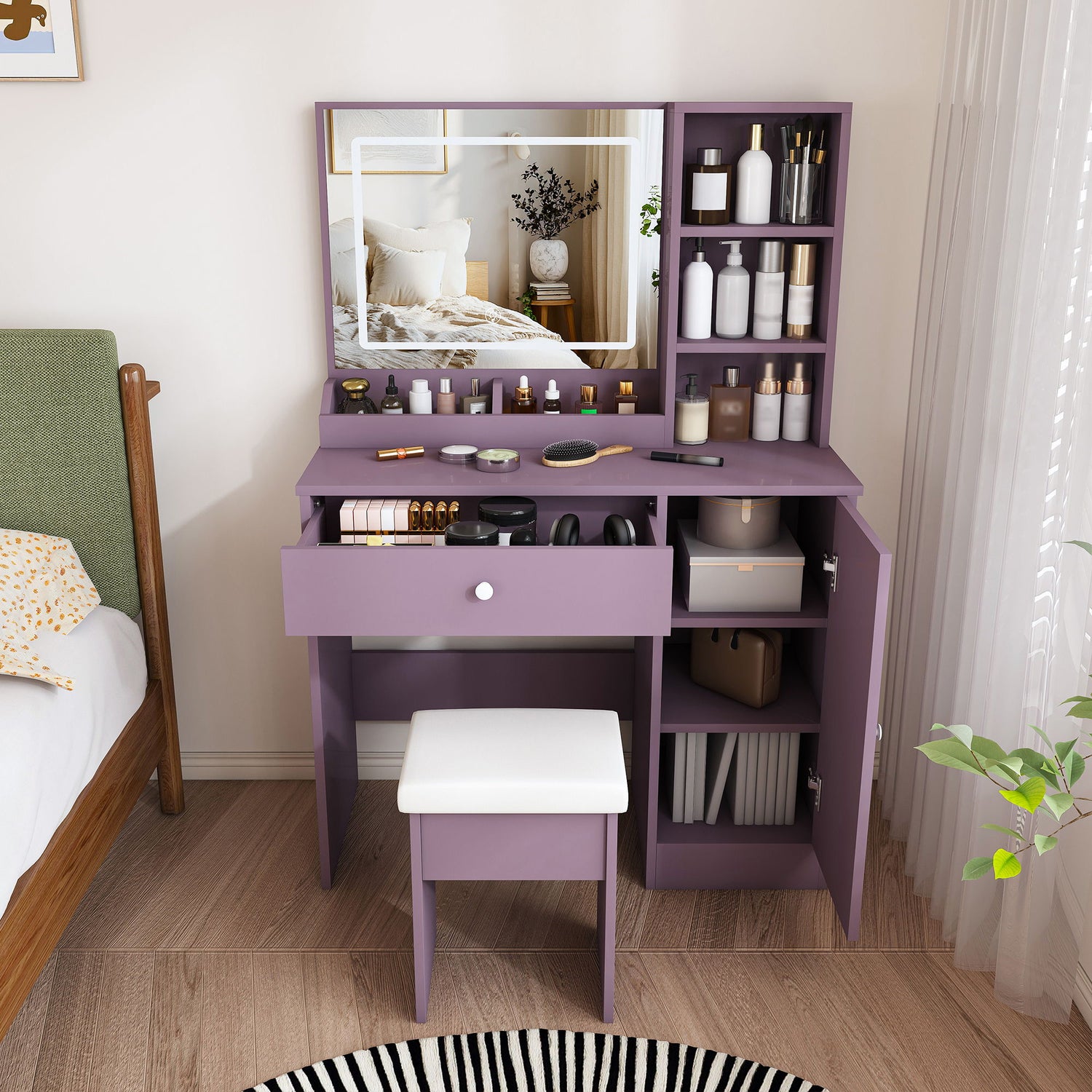Vanity Desk Set With Padded Stool &amp; Adjustable LED Mirror, 3 Color Mode Lighting, Compact For Bedroom - Purple