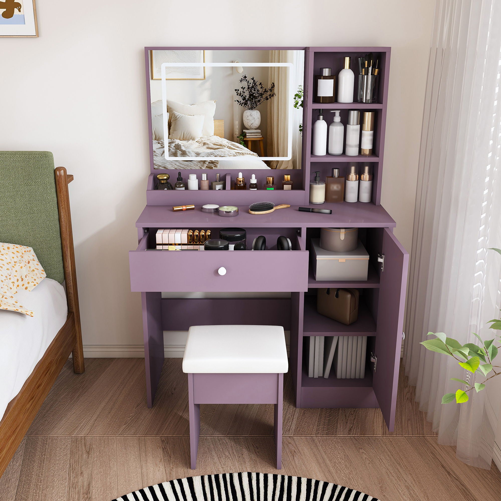Vanity Desk Set With Padded Stool &amp; Adjustable LED Mirror, 3 Color Mode Lighting, Compact For Bedroom - Purple