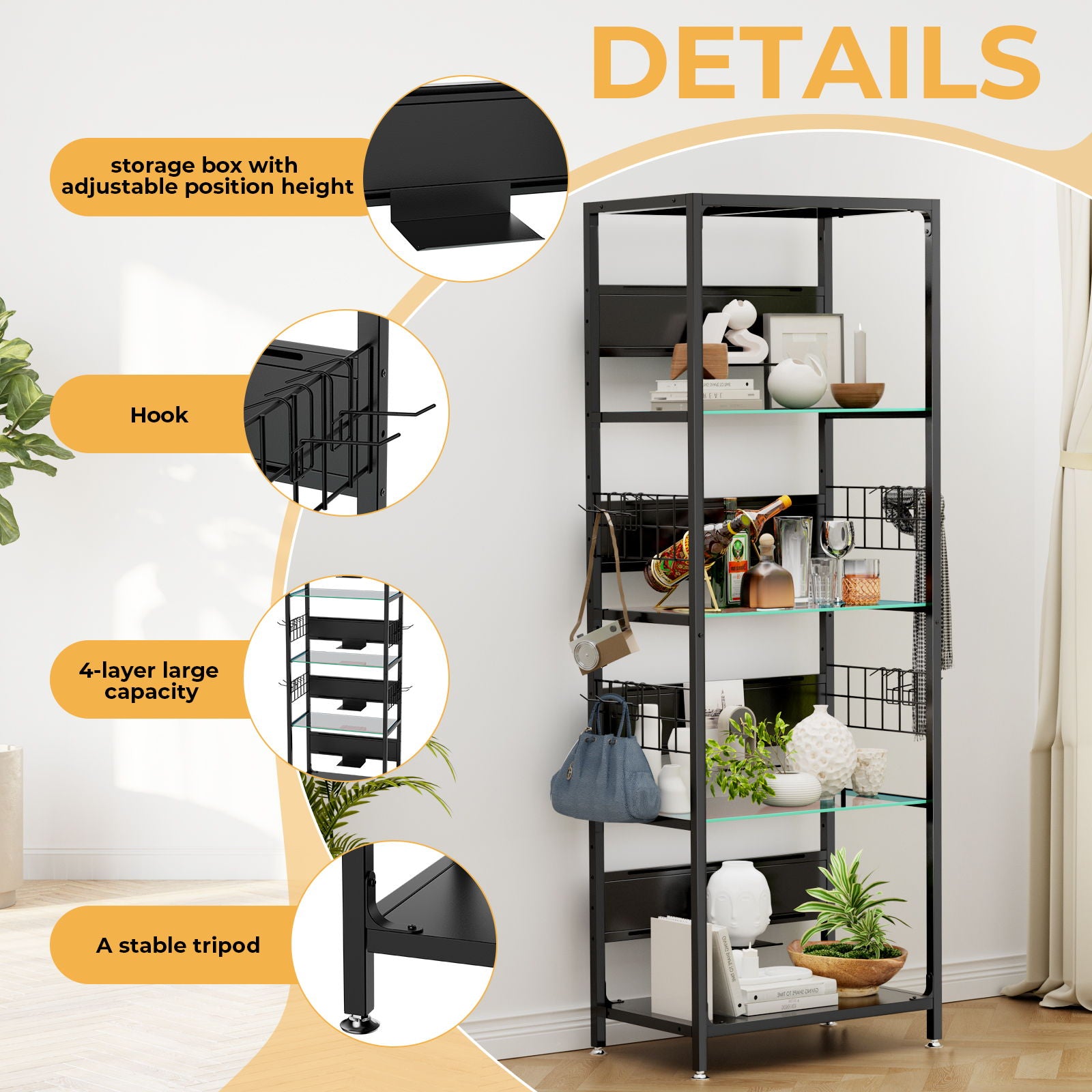 4 Tier Display Shelf With RGB Lights, LED Lighted Curio Cabinet With Adjustable Storage Box &amp; Hooks - Black