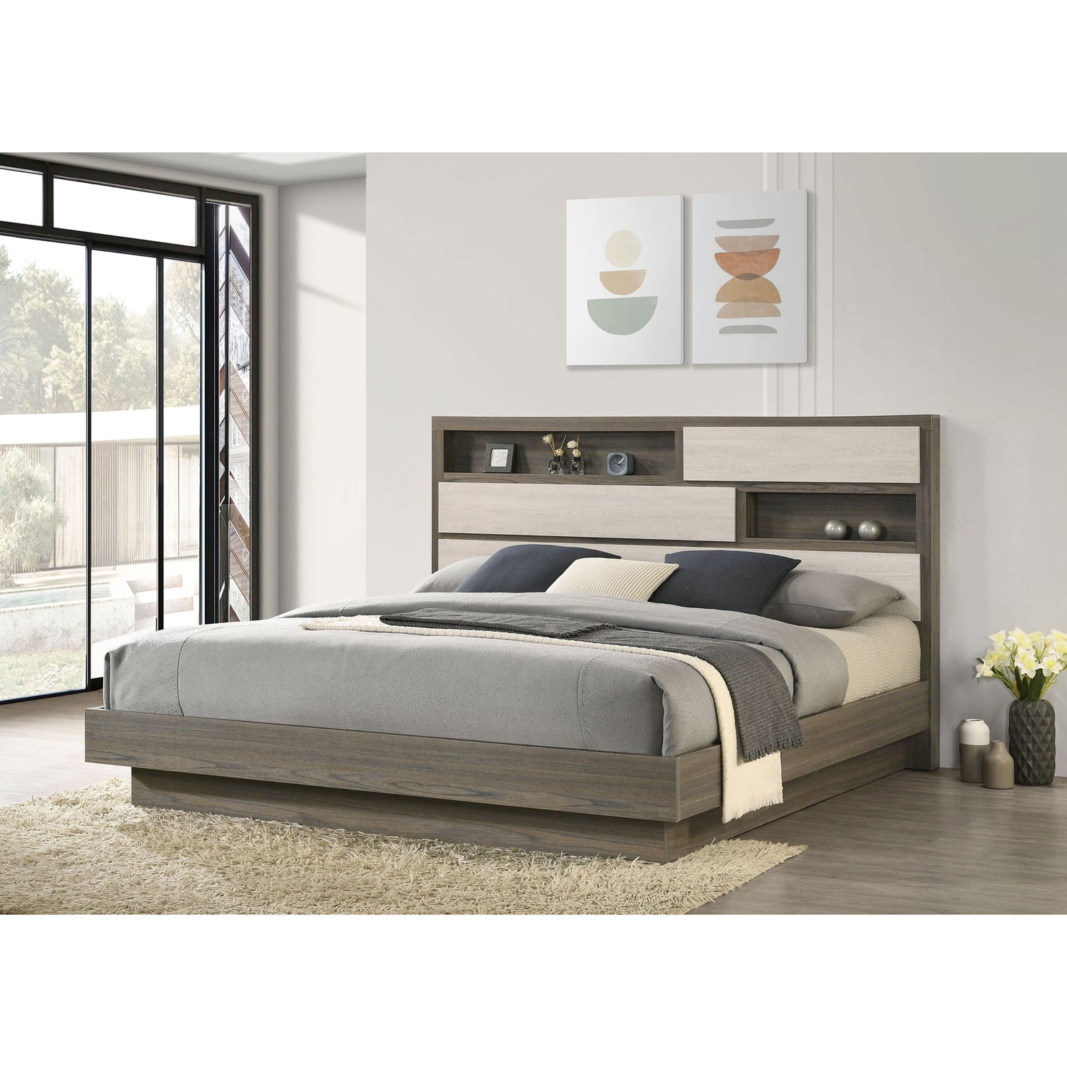 Eastern King Bed Bookcase Headboard With Hidden Storage - Oak