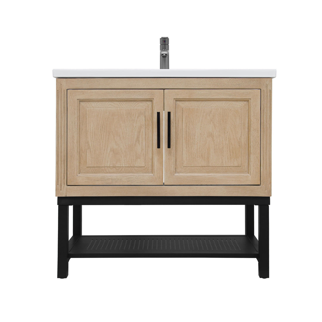 Modern Freestanding Bathroom Vanity With Ceramic Sink, Hot And Cold Faucet, Storage Cabinet &amp; Open Shelf