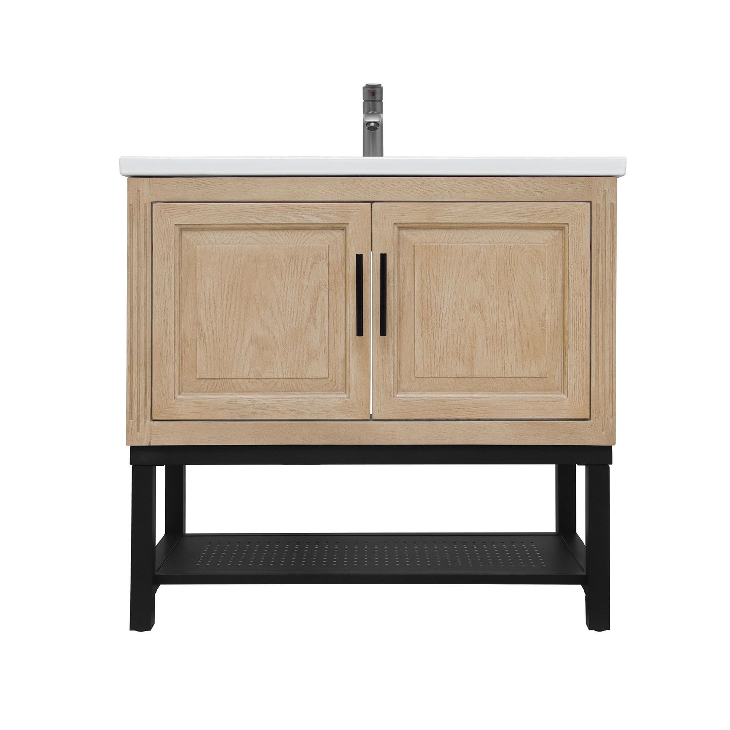 Modern Freestanding Bathroom Vanity With Ceramic Sink, Hot And Cold Faucet, Storage Cabinet &amp; Open Shelf