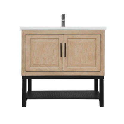 Modern Freestanding Bathroom Vanity With Ceramic Sink, Hot And Cold Faucet, Storage Cabinet &amp; Open Shelf