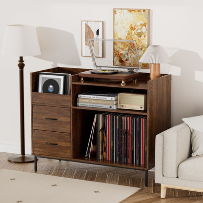 Grain Record Player Stand, Media Console With Speaker Shelf &amp; 2 Drawers