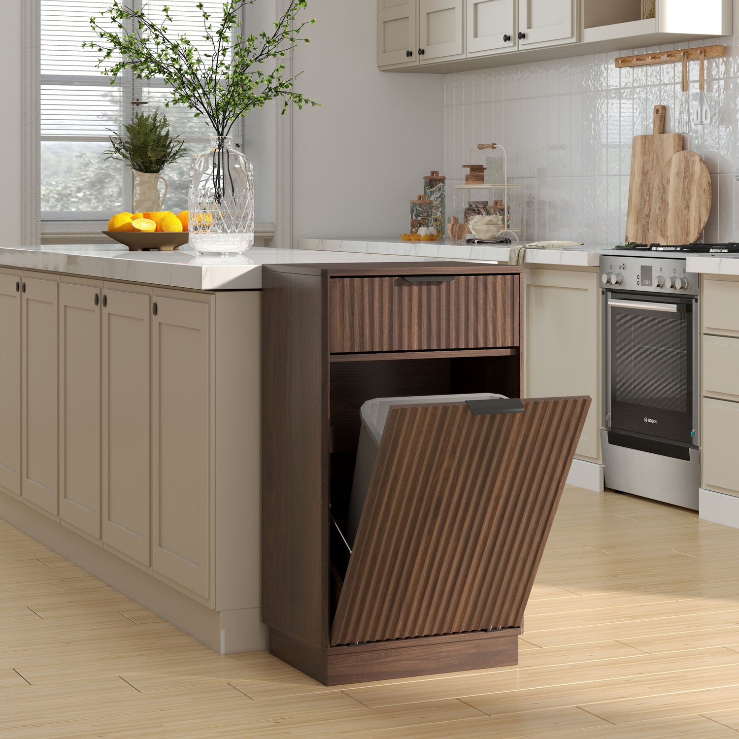 Tilt Out Trash Can Cabinet With Wave Textured Drawer &amp; Pull Out Bin