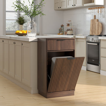 Tilt Out Trash Can Cabinet With Wave Textured Drawer &amp; Pull Out Bin
