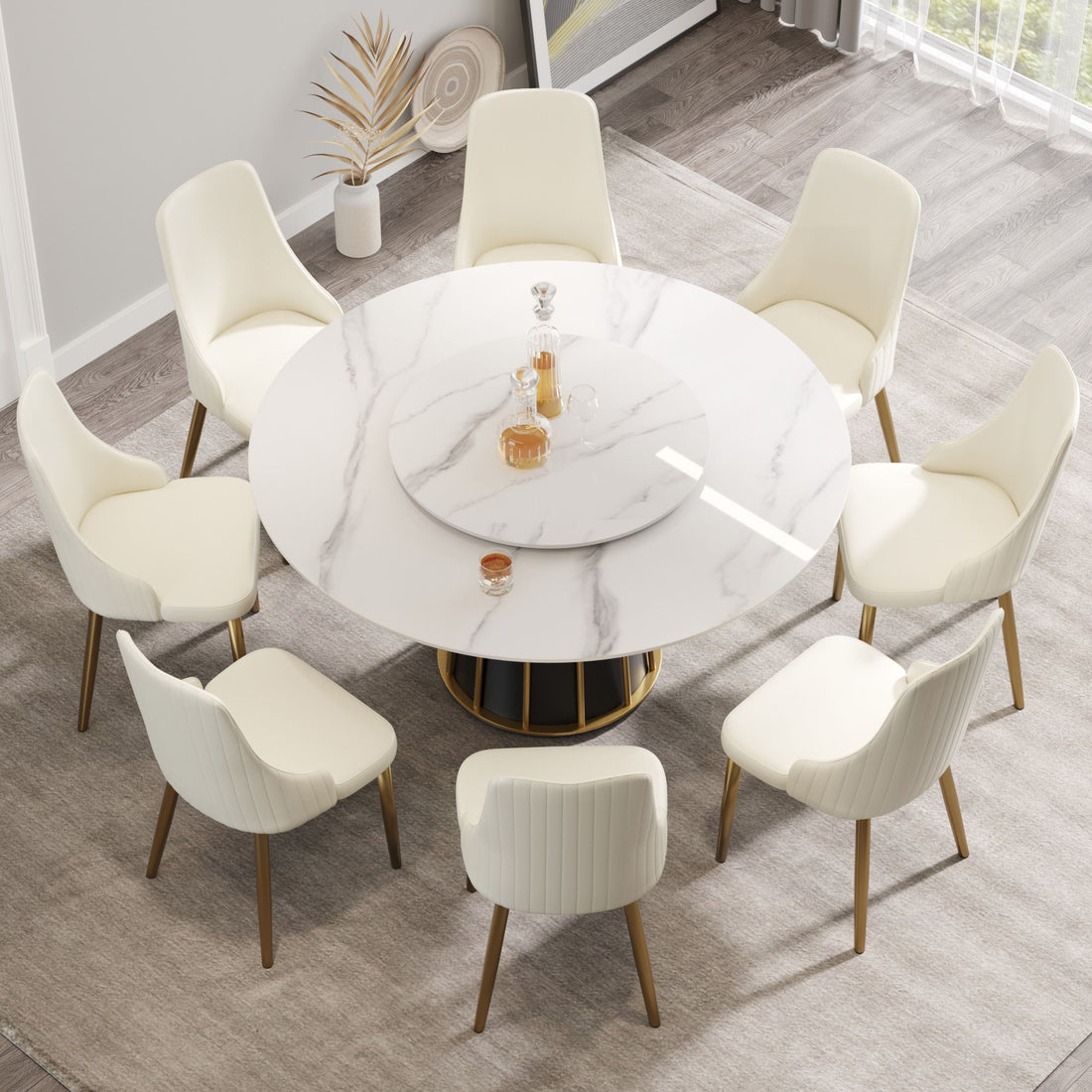 59.05&quot; Modern Artificial Stone Round Panel Metal Iron Base Dining Table, Can Accommodate 8 People Artificial Stone Turntable (Not Including Chairs) - White / Black