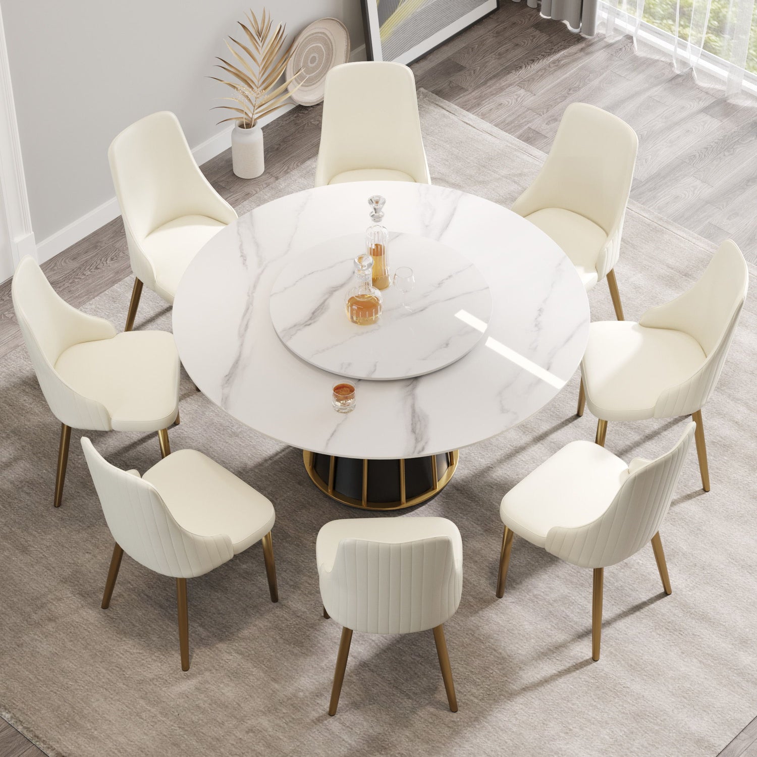 59.05&quot; Modern Artificial Stone Round Panel Metal Iron Base Dining Table, Can Accommodate 8 People Artificial Stone Turntable (Not Including Chairs) - White / Black