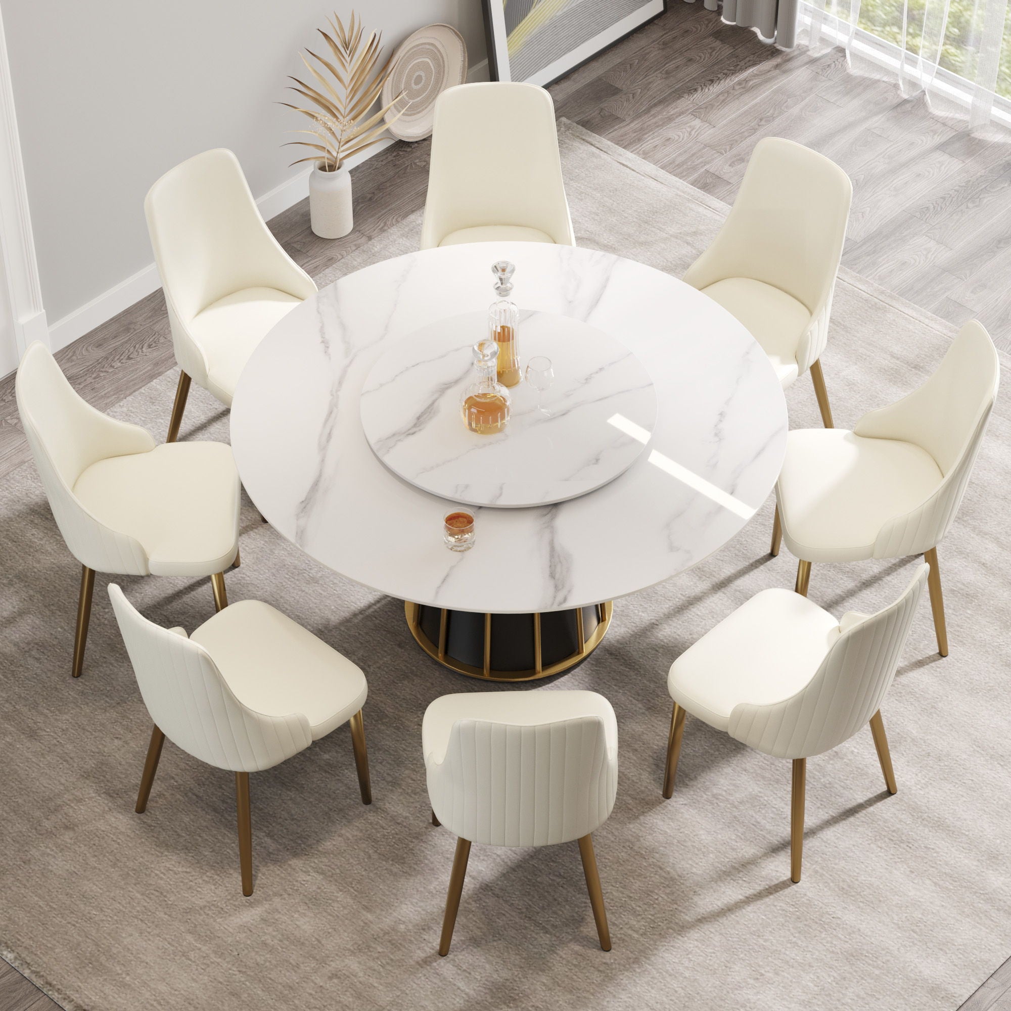 59.05&quot; Modern Artificial Stone Round Panel Metal Iron Base Dining Table, Can Accommodate 8 People Artificial Stone Turntable (Not Including Chairs) - White / Black
