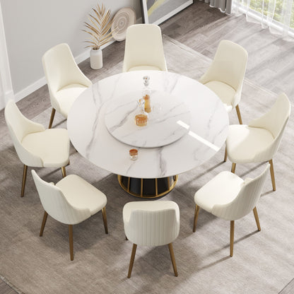 59.05&quot; Modern Artificial Stone Round Panel Metal Iron Base Dining Table, Can Accommodate 8 People Artificial Stone Turntable (Not Including Chairs) - White / Black