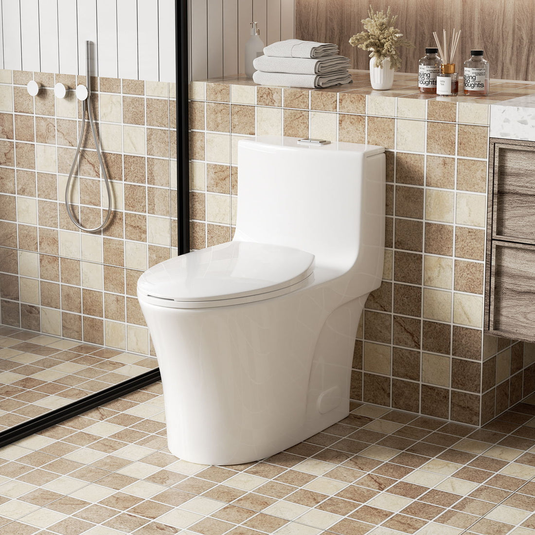 Elegant One Piece Toilet With Tornado Dual Flush, Siphonic S Trap 12&quot;, Soft Close Seat, Dual Flush, Ada Height, Glossy - Gloss White