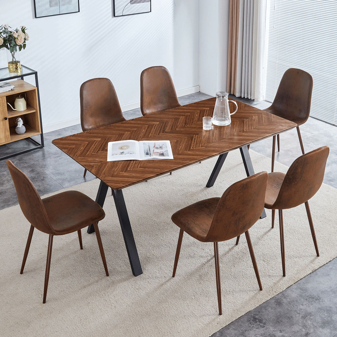 Suede Backrest Chairs With Metal Legs &amp; Herringbone Dining Table Set