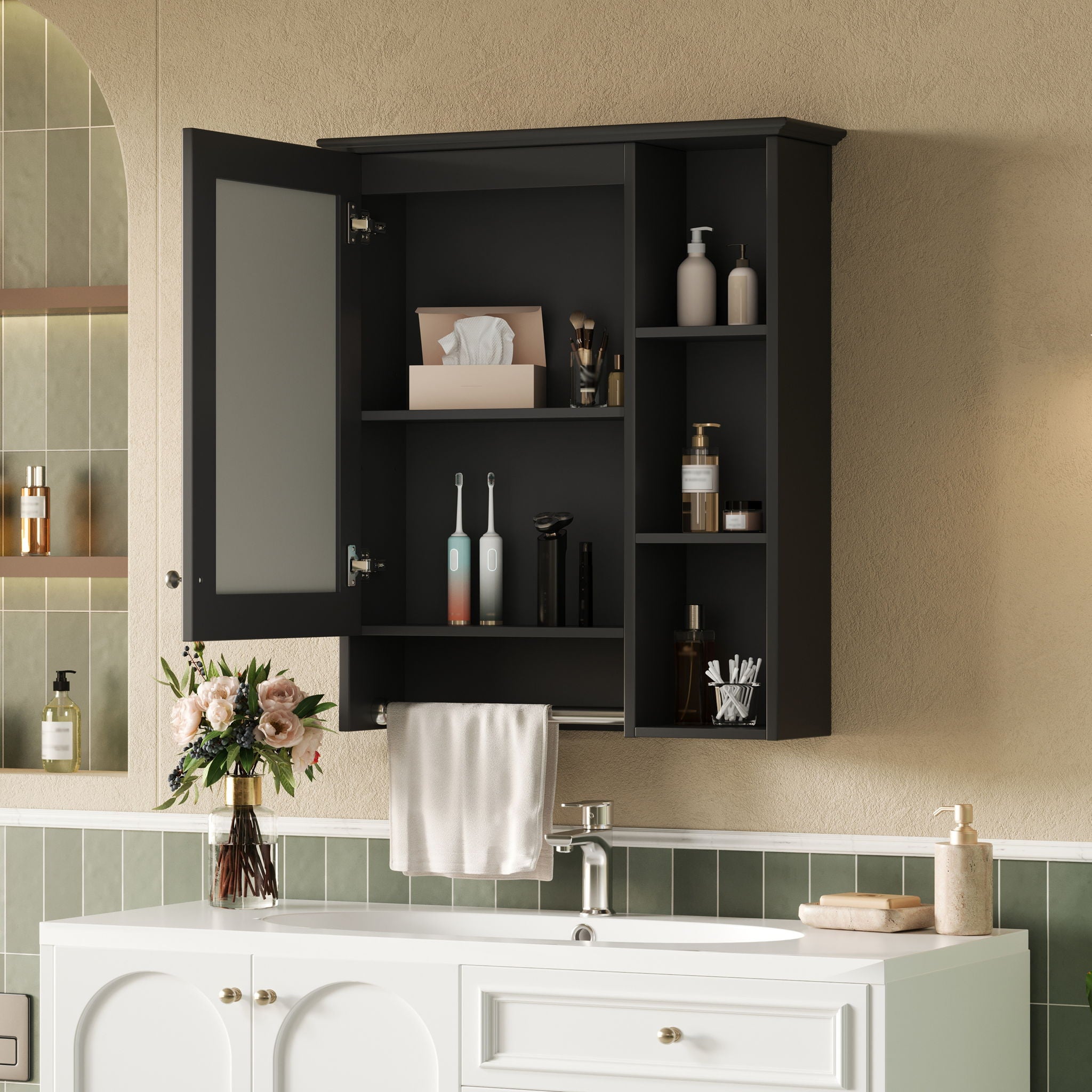 Modern 3 In 1 Bathroom Mirror Cabinet With Adjustable Shelf &amp; Towel Bar