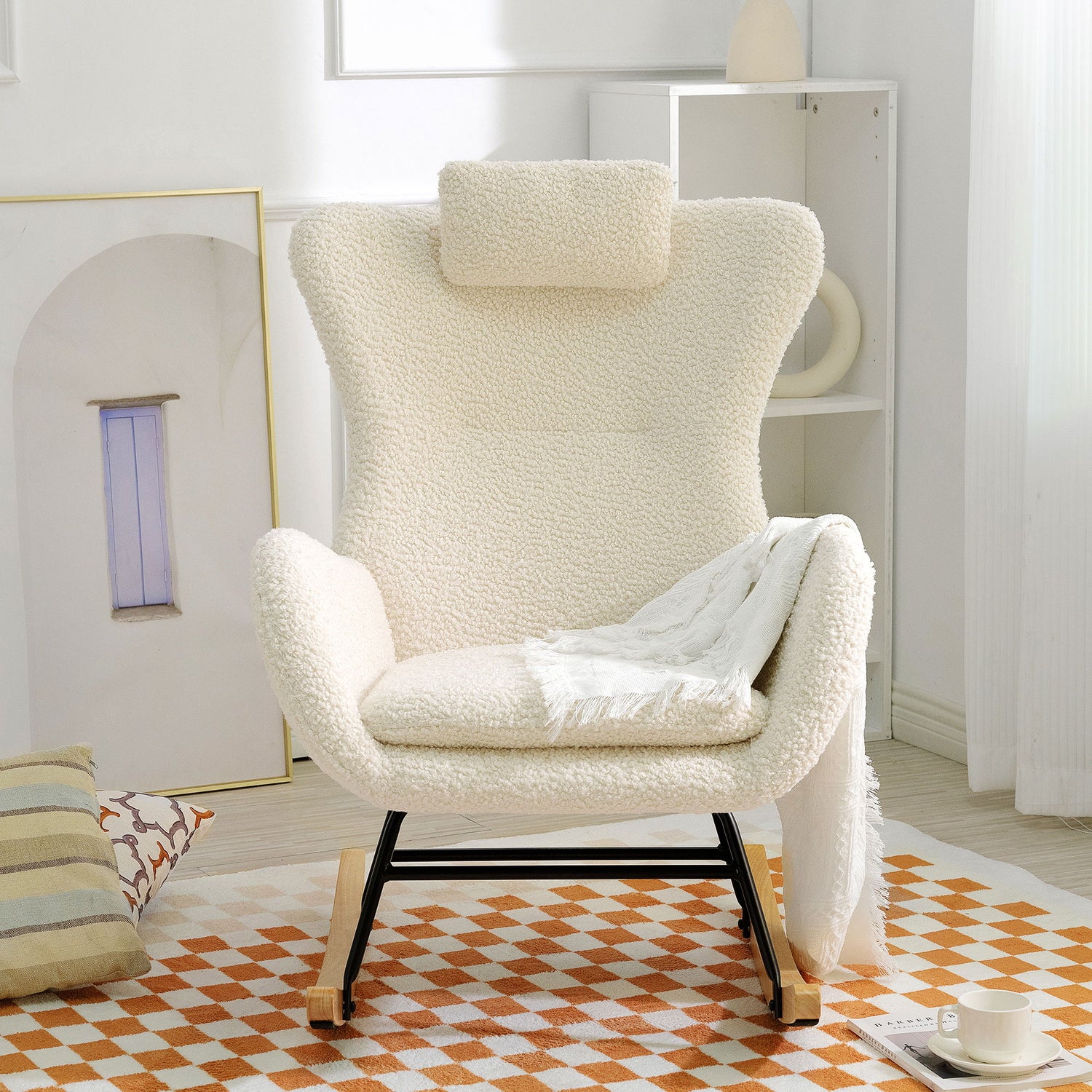 Rocking Chair Nursery, Teddy Upholstered Rocker Glider Chair With High Backrest, Adjustable Headrest &amp; Pocket, Comfy Glider Chair For Nursery, Bedroom, Living Room, Offices, Rubber Wood