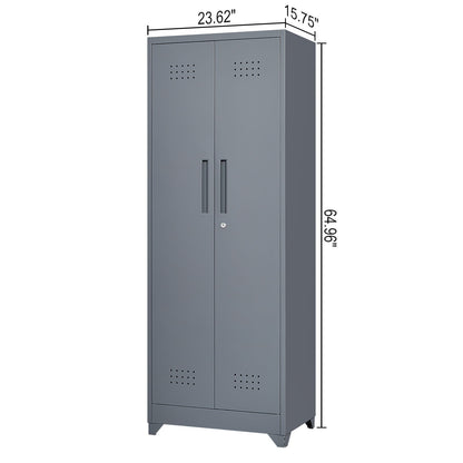 Heavy Duty Storage Cabinet With Locking Doors, Hanging Rod &amp; Shelves, Broom Closet - Gray