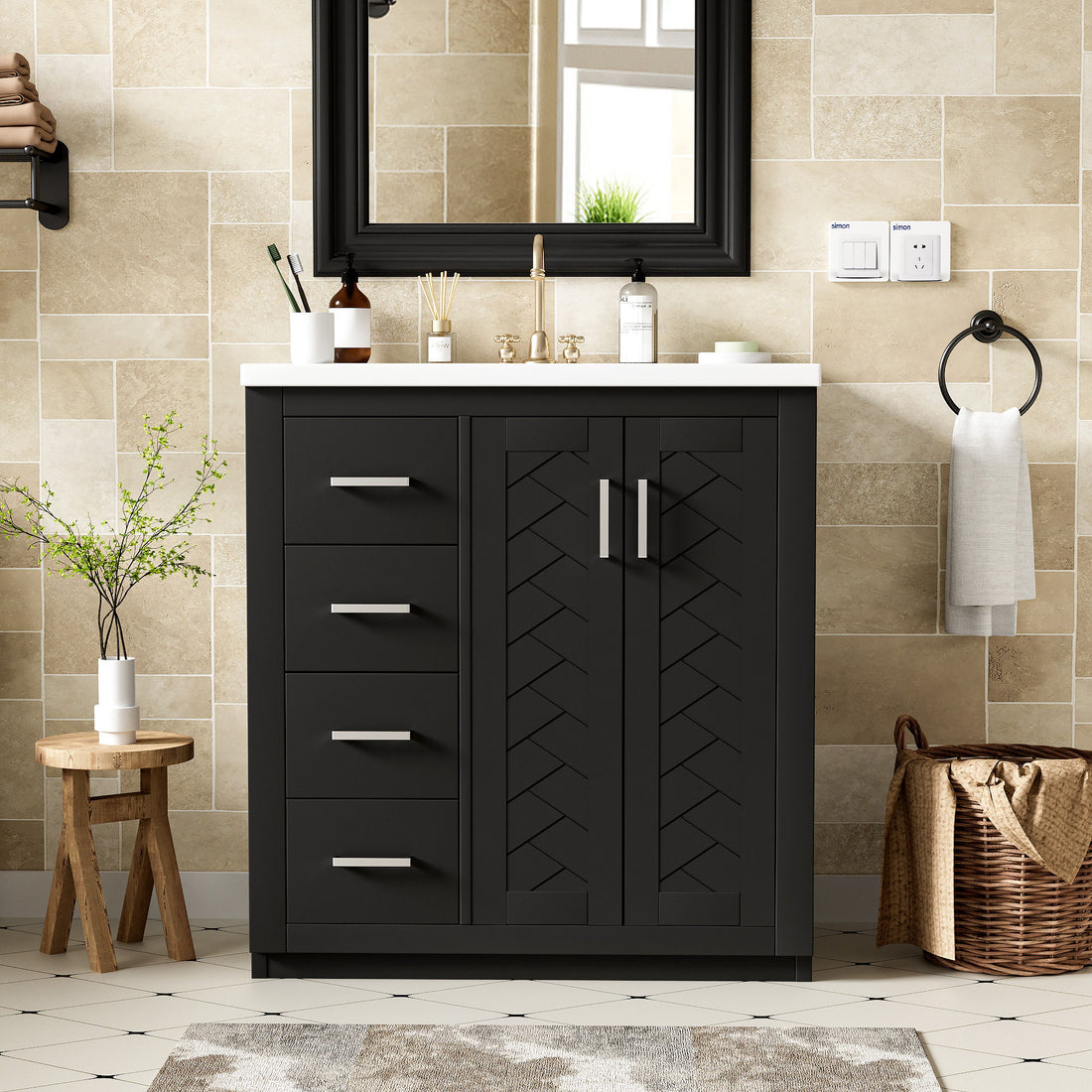Ceramic Sink Combo, Freestanding Vanity Set With 3 Drawers &amp; Soft Closing Doors