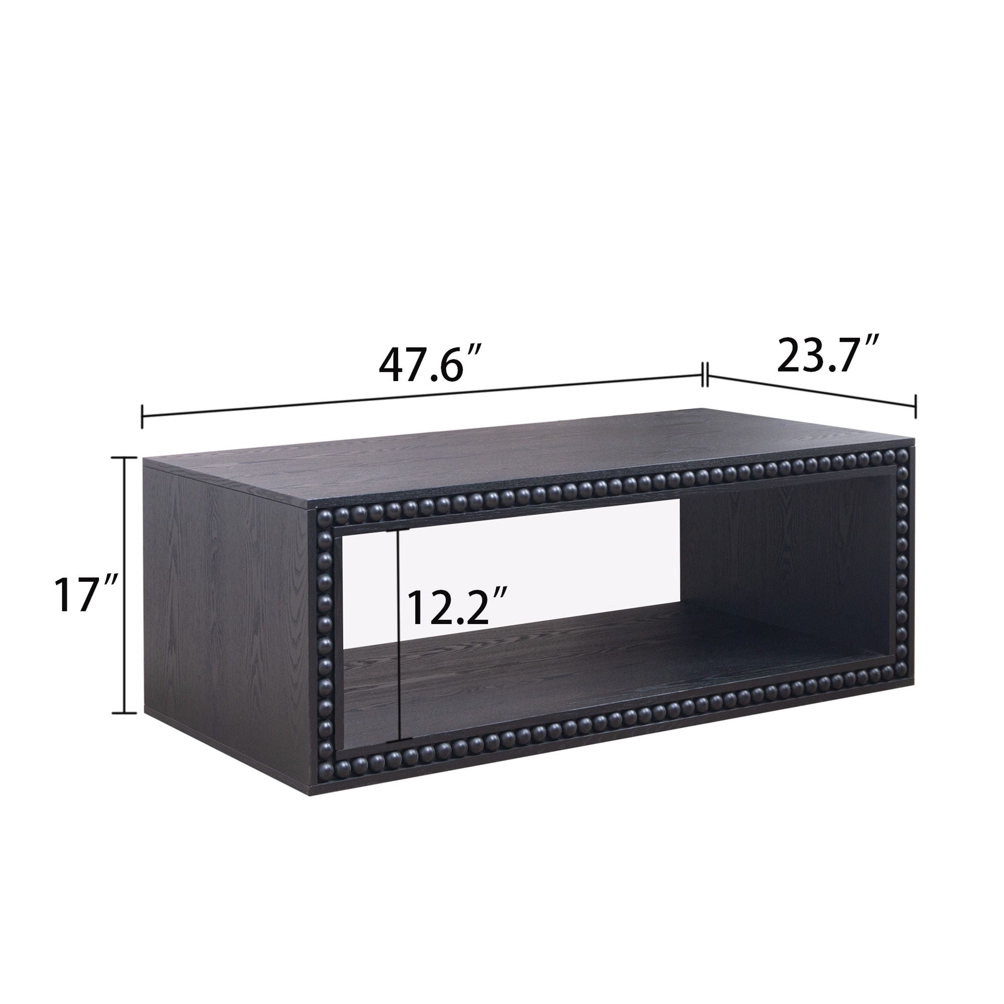 Beaded Edge Coffee Table, Rectangular Center Table With Open Storage Shelf - Black