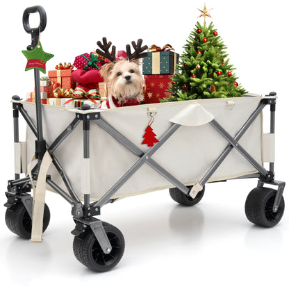 Aluminum Alloy Folding Wagon, Heavy Duty Utility Beach Wagon Cart For Sand With Big Wheels, Adjustable Handle &amp; Drink Holders For Shopping, Camping, Garden And Outdoor