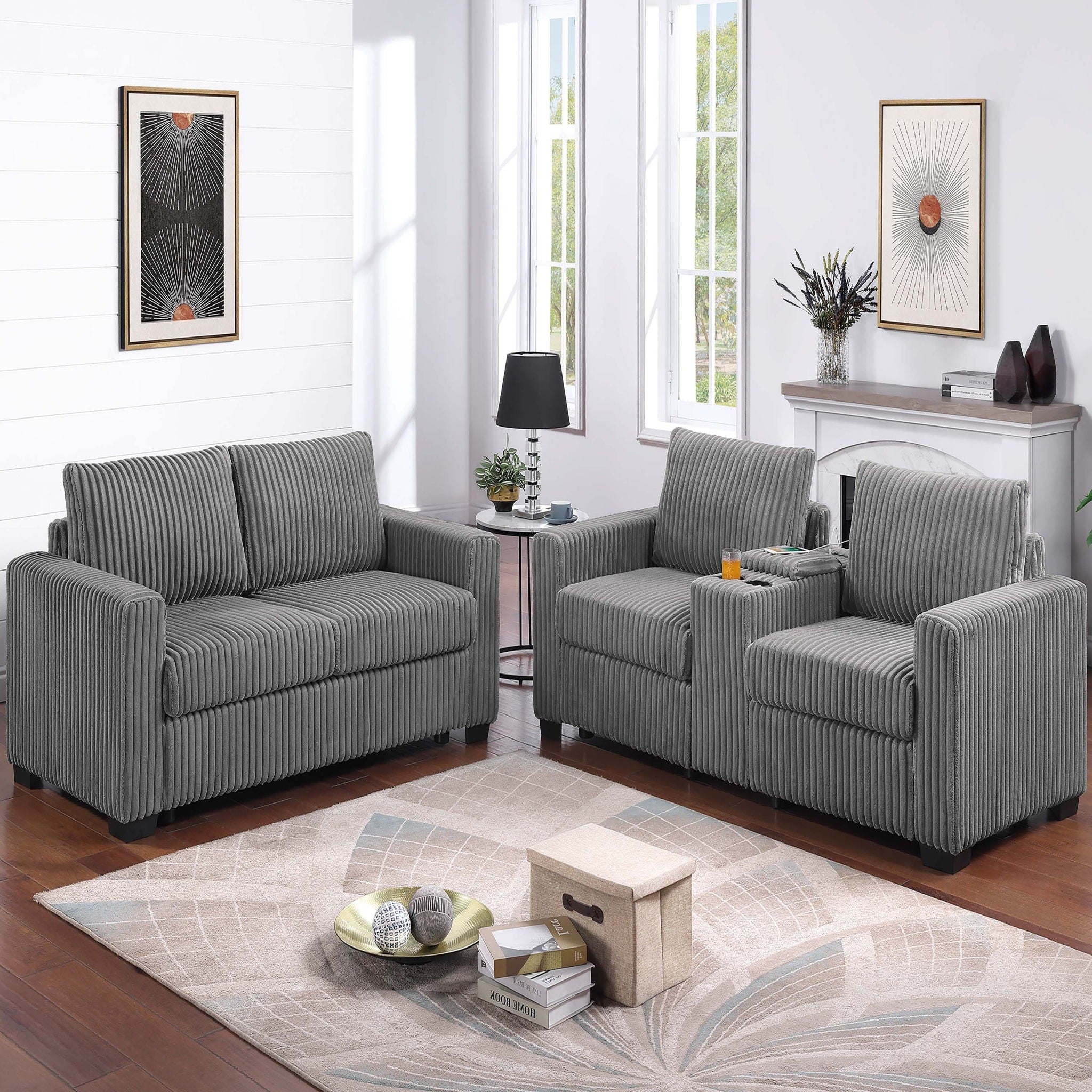Modern Style 2 Piece Sofa Set With Cup Holders &amp; Charging Port